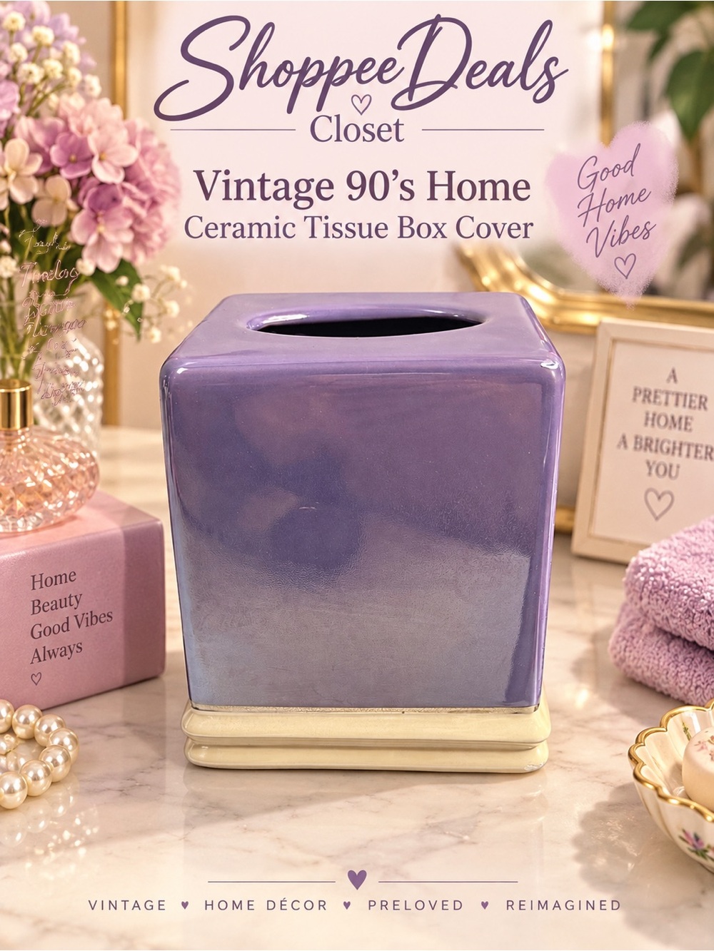 Vintage Purple Glazed Ceramic Tissue Box Cover Bathroom Vanity Decor